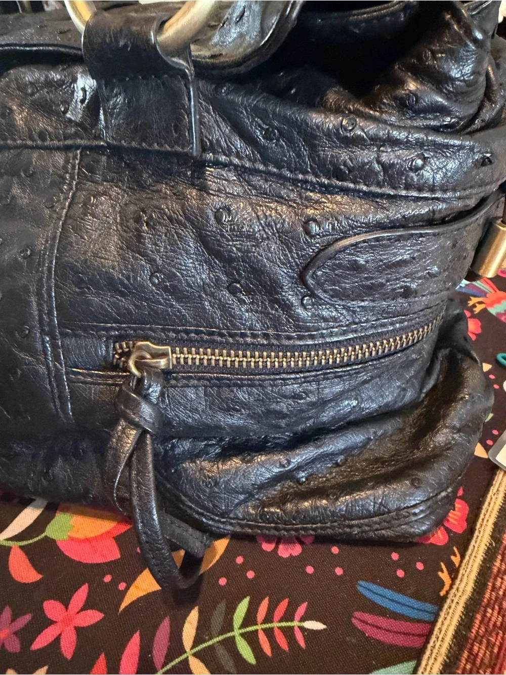 Gorgeous Vintage Black Leather Ostrich Large Bag